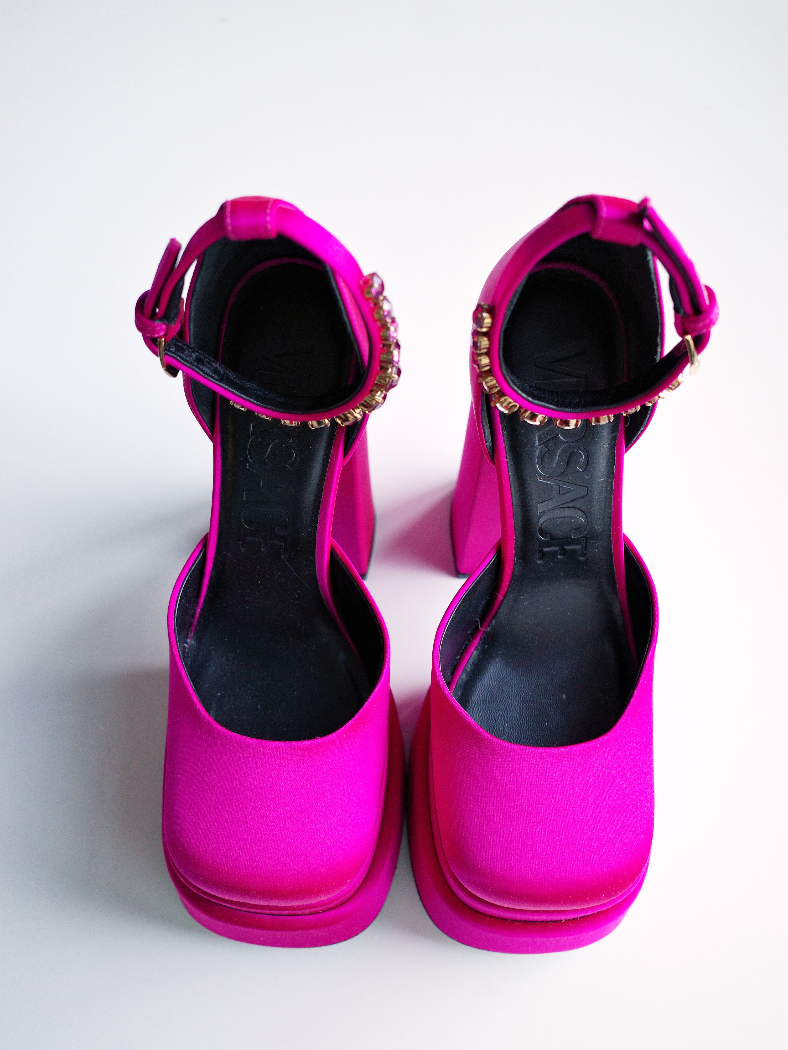 Versace Fuchsia Satin Platform Heels with Medusa Charms – FIRE 火