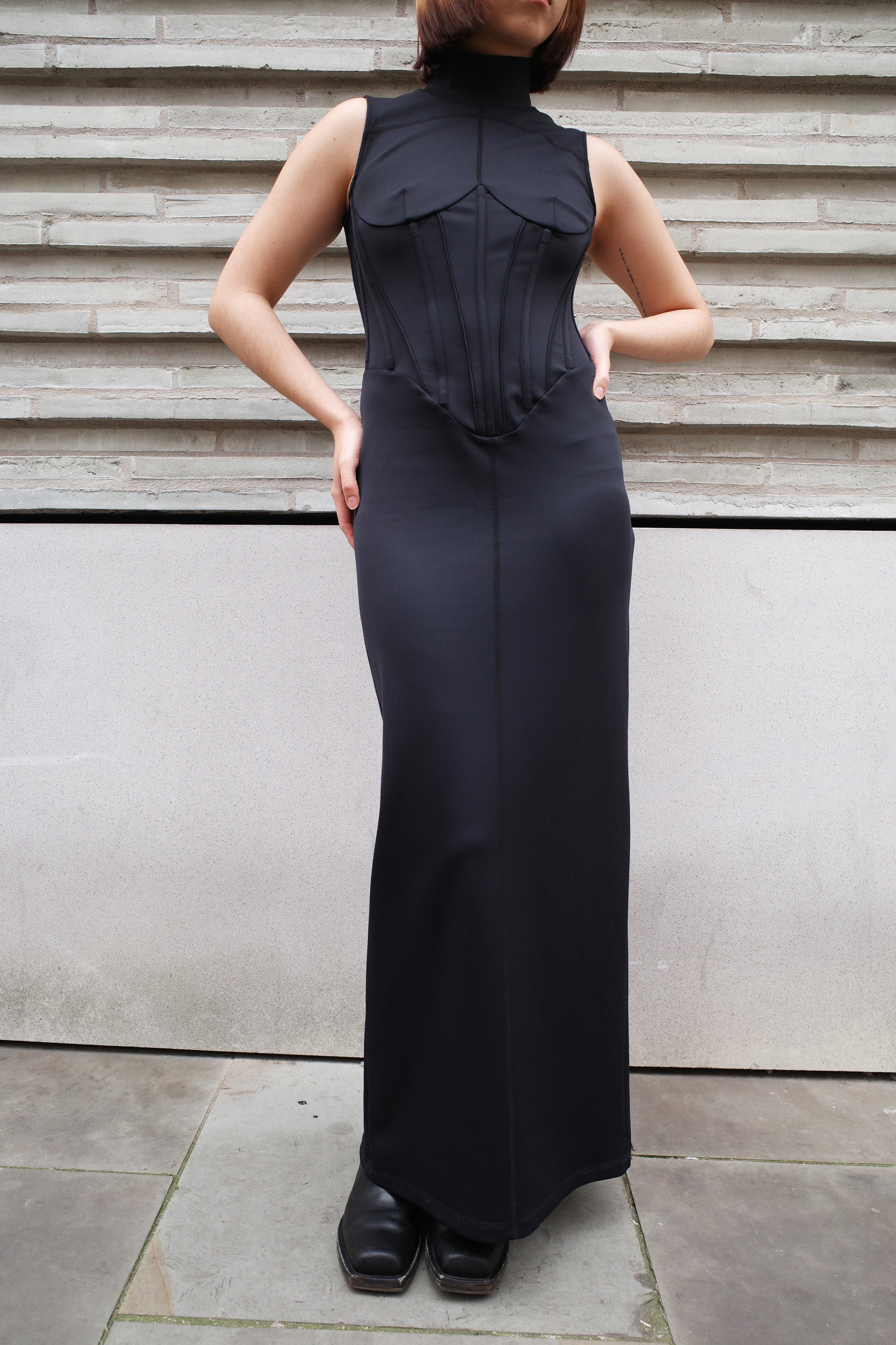OVER RANGE Jersey Corset-Panel Mesh Back Dress – FIRE 火
