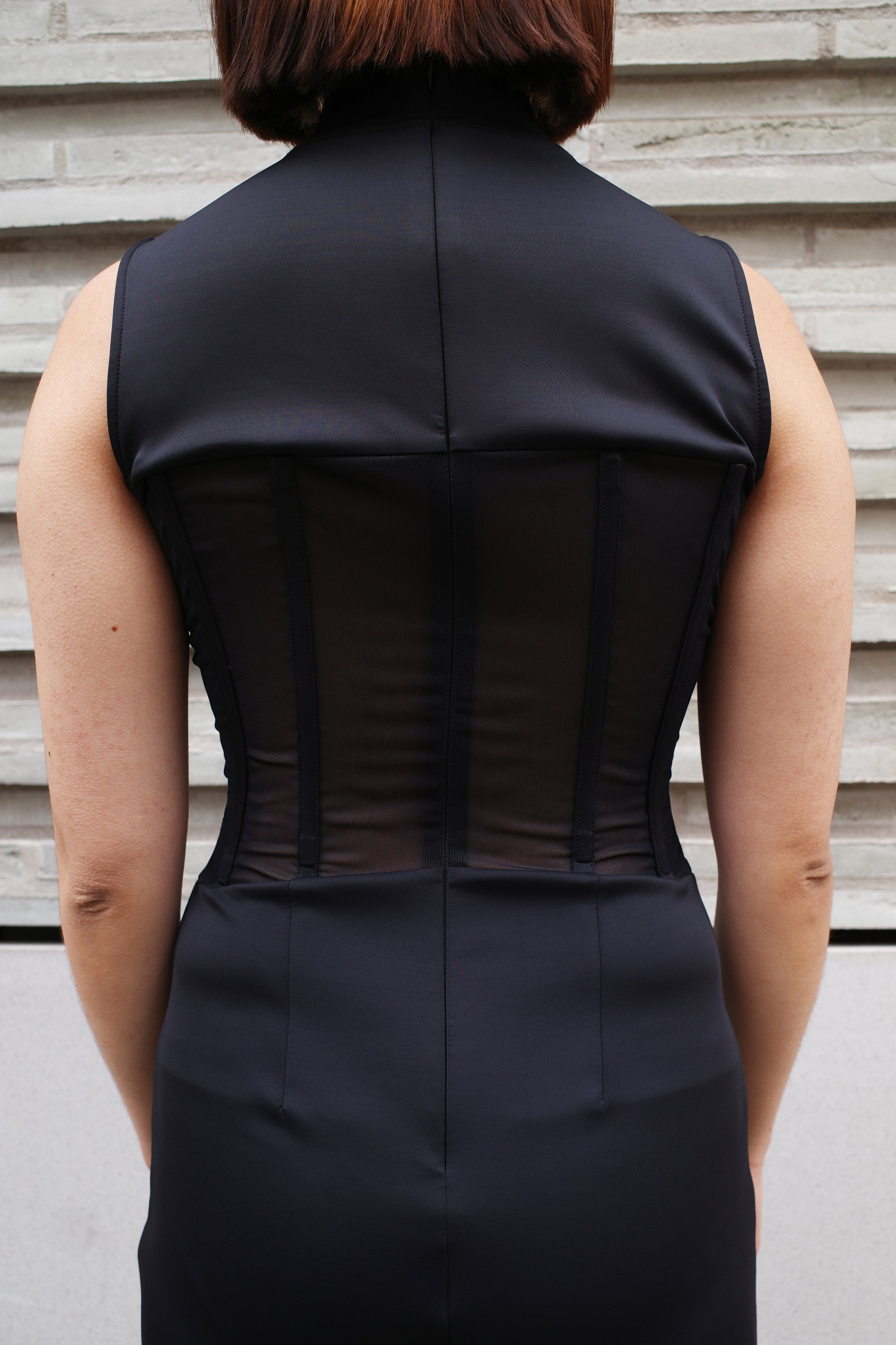 OVER RANGE Jersey Corset-Panel Mesh Back Dress – FIRE 火