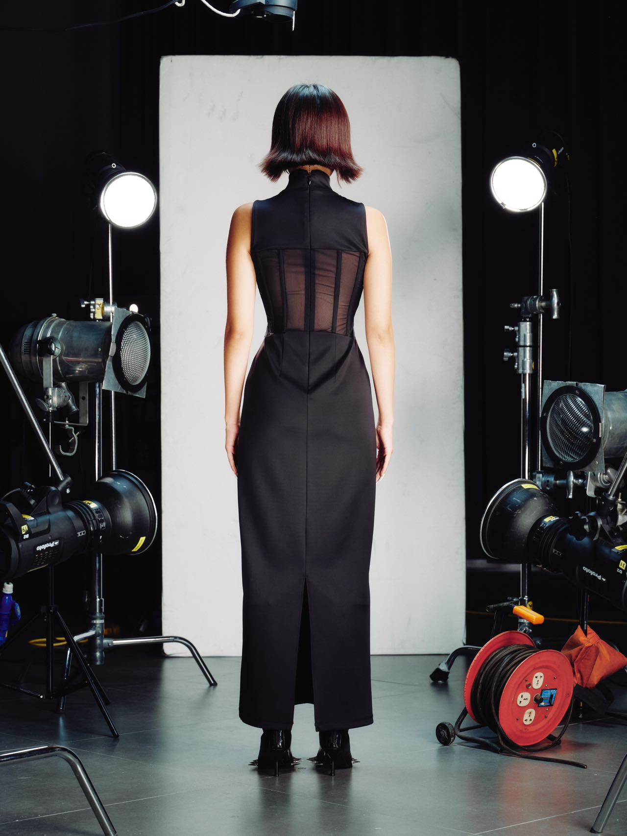 OVER RANGE Jersey Corset-Panel Mesh Back Dress – FIRE 火