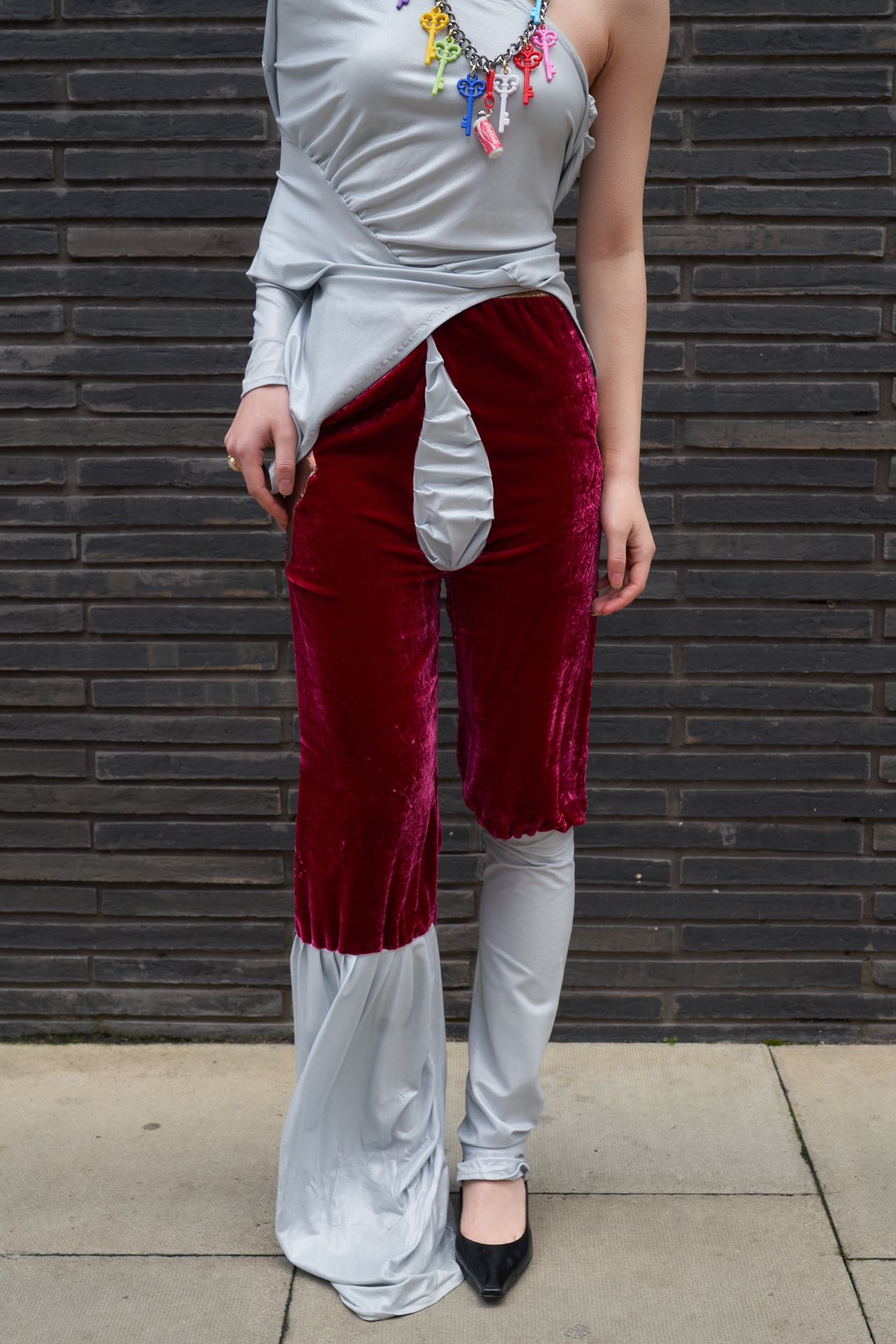 PE99Y YAN9 Burgundy Velvet × Jersey Draped Pants – FIRE 火