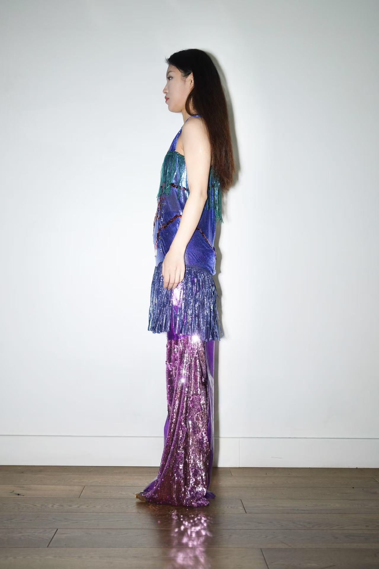 PE99Y YAN9 Blue Chainmail Fringe Dress – FIRE 火