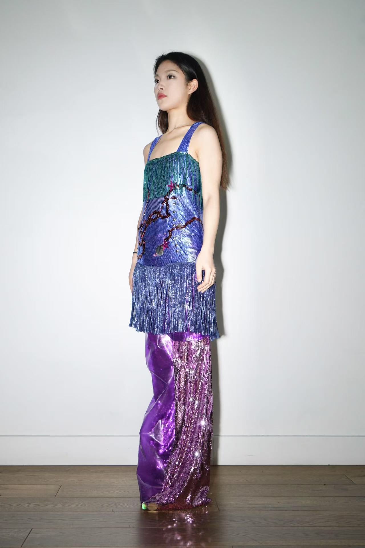 PE99Y YAN9 Blue Chainmail Fringe Dress – FIRE 火