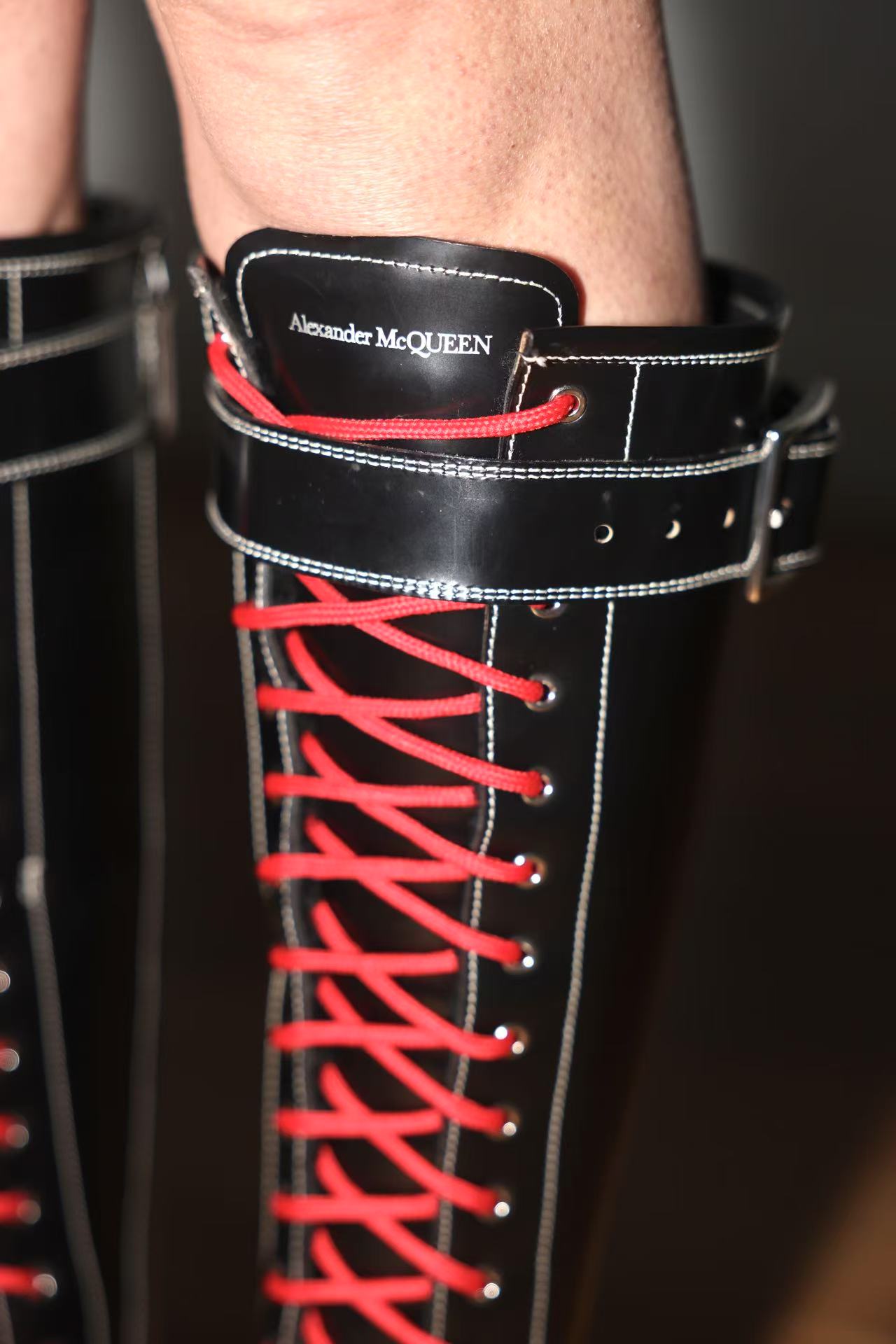 Alexander McQueen Red-Laced Combat Tall Boots – METAL 金