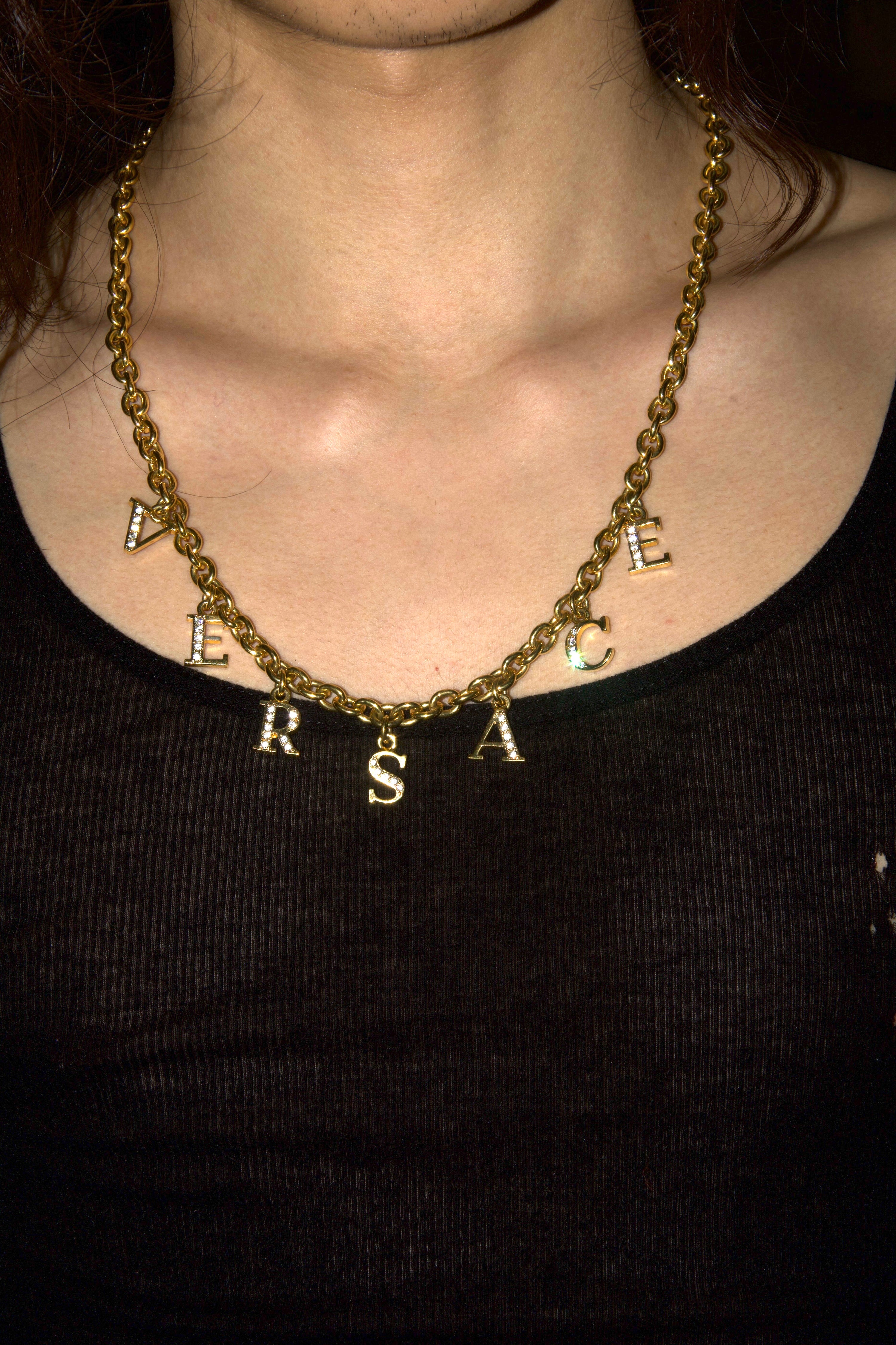 VERSACE Rhinestone Logo Gold Chain Necklace – METAL 金
