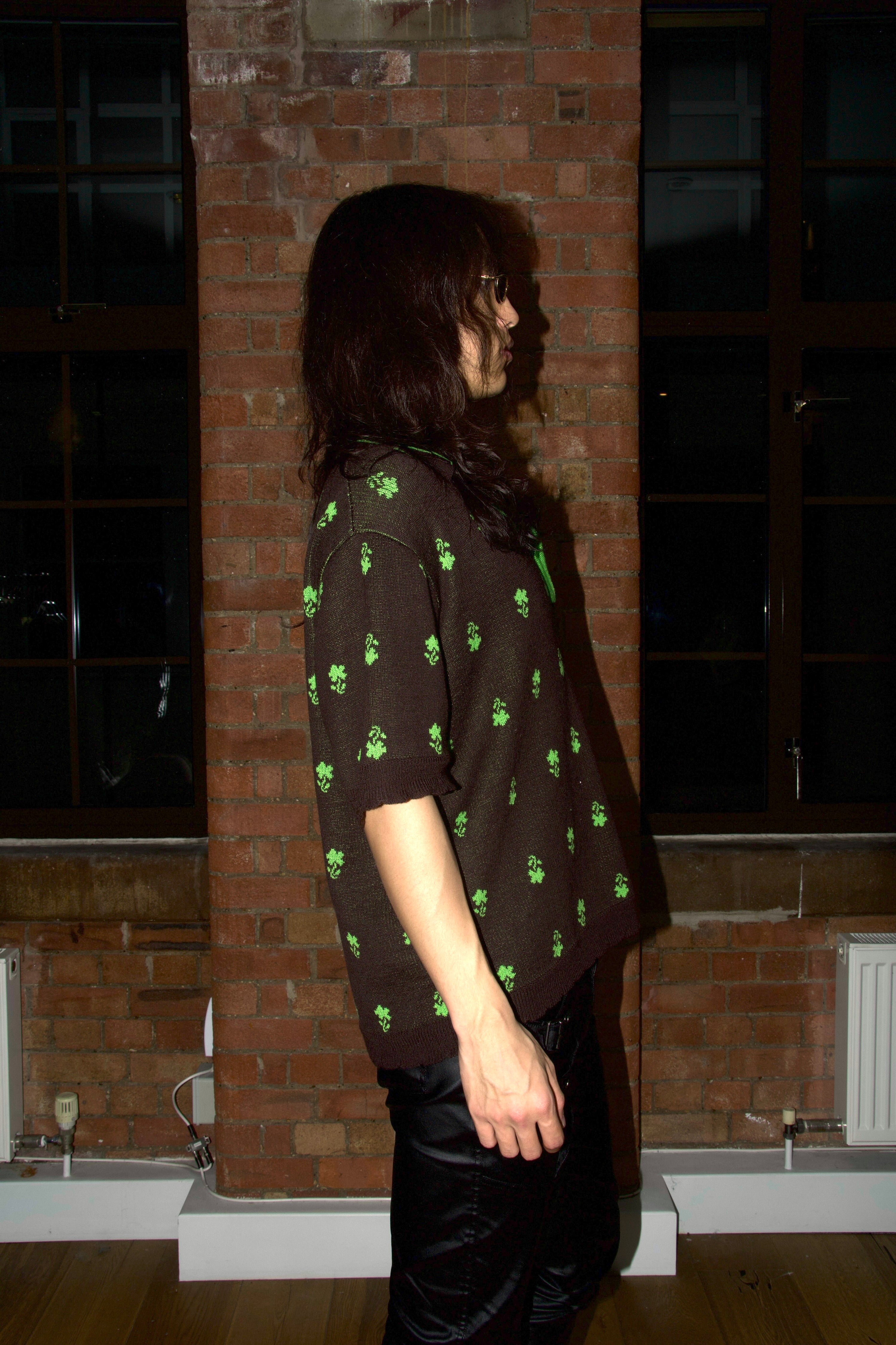 SKARULE Green Floral Jacquard Knit Polo Shirt – WOOD 木