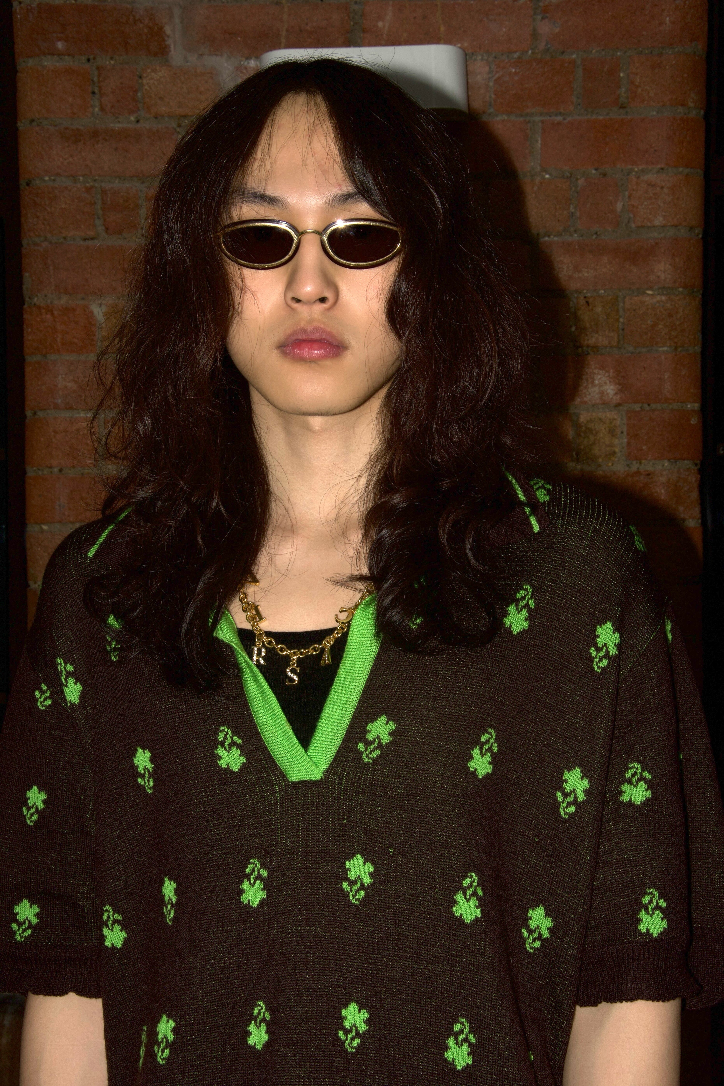 SKARULE Green Floral Jacquard Knit Polo Shirt – WOOD 木