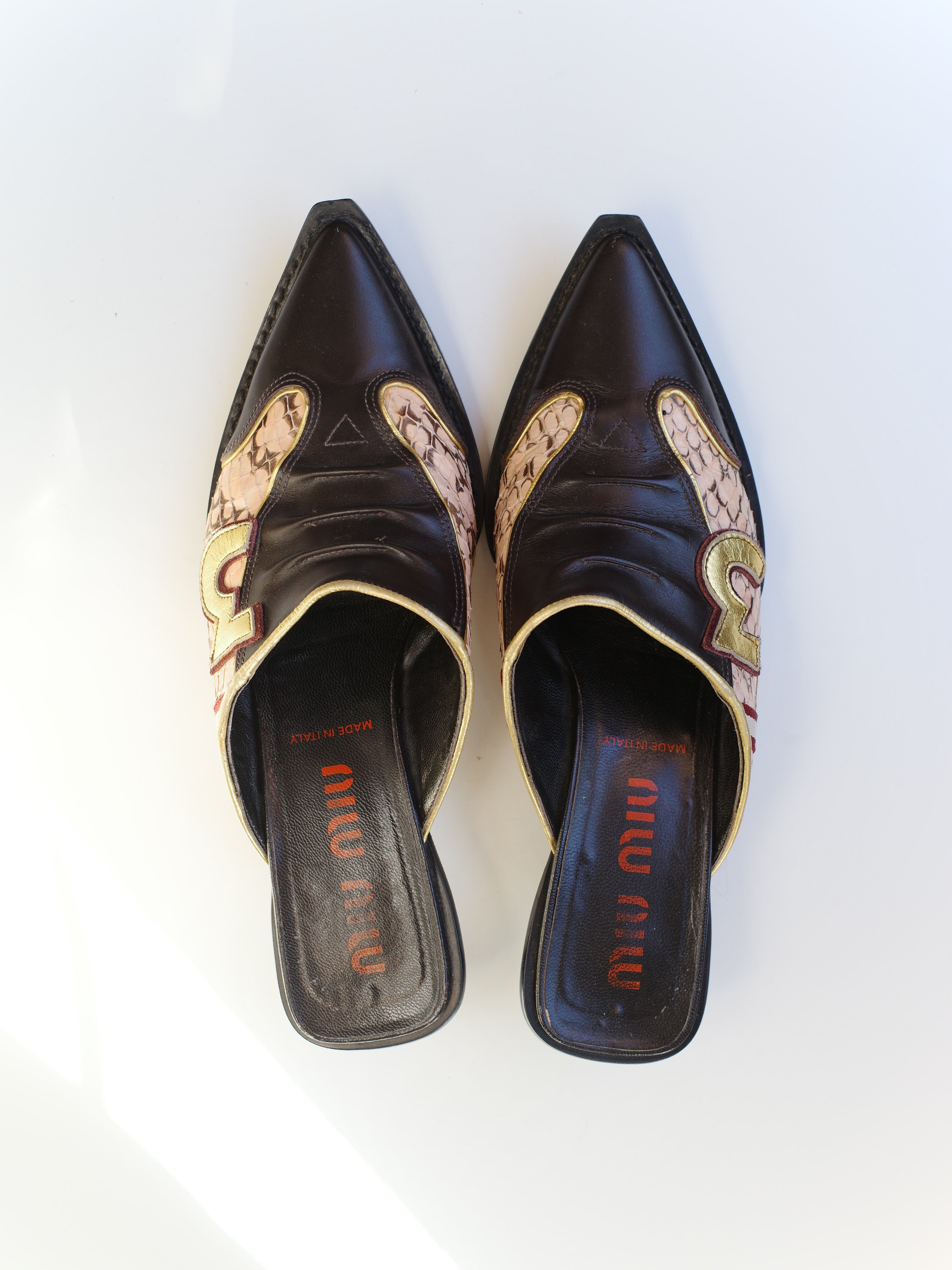 Miu Miu Y2K SS2000 Runway Sporty Snake Print Leather Number "3" Pointy Mules