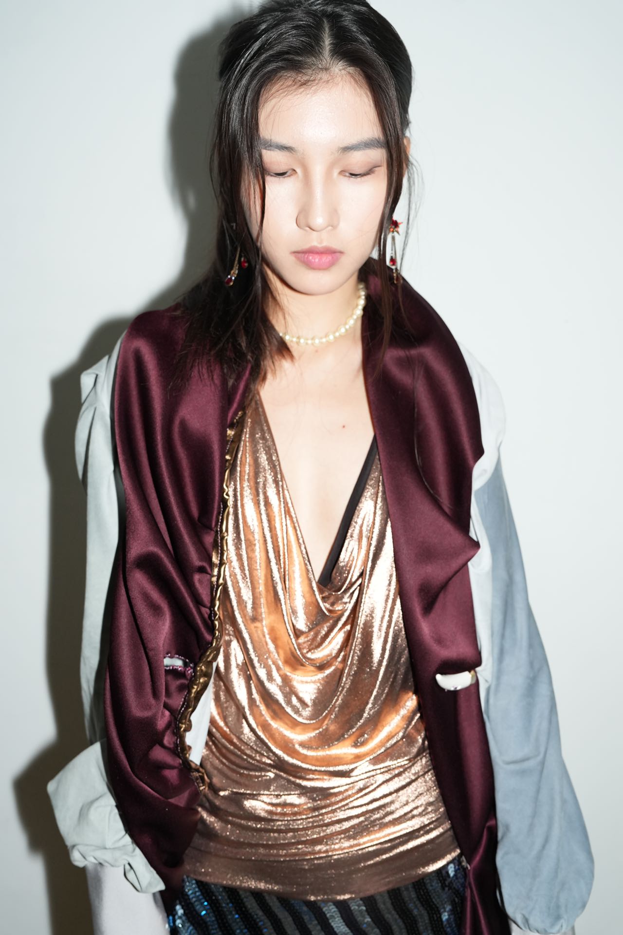 PE99Y YAN9 Draped Rose Gold Silk Jersey Top – METAL 金