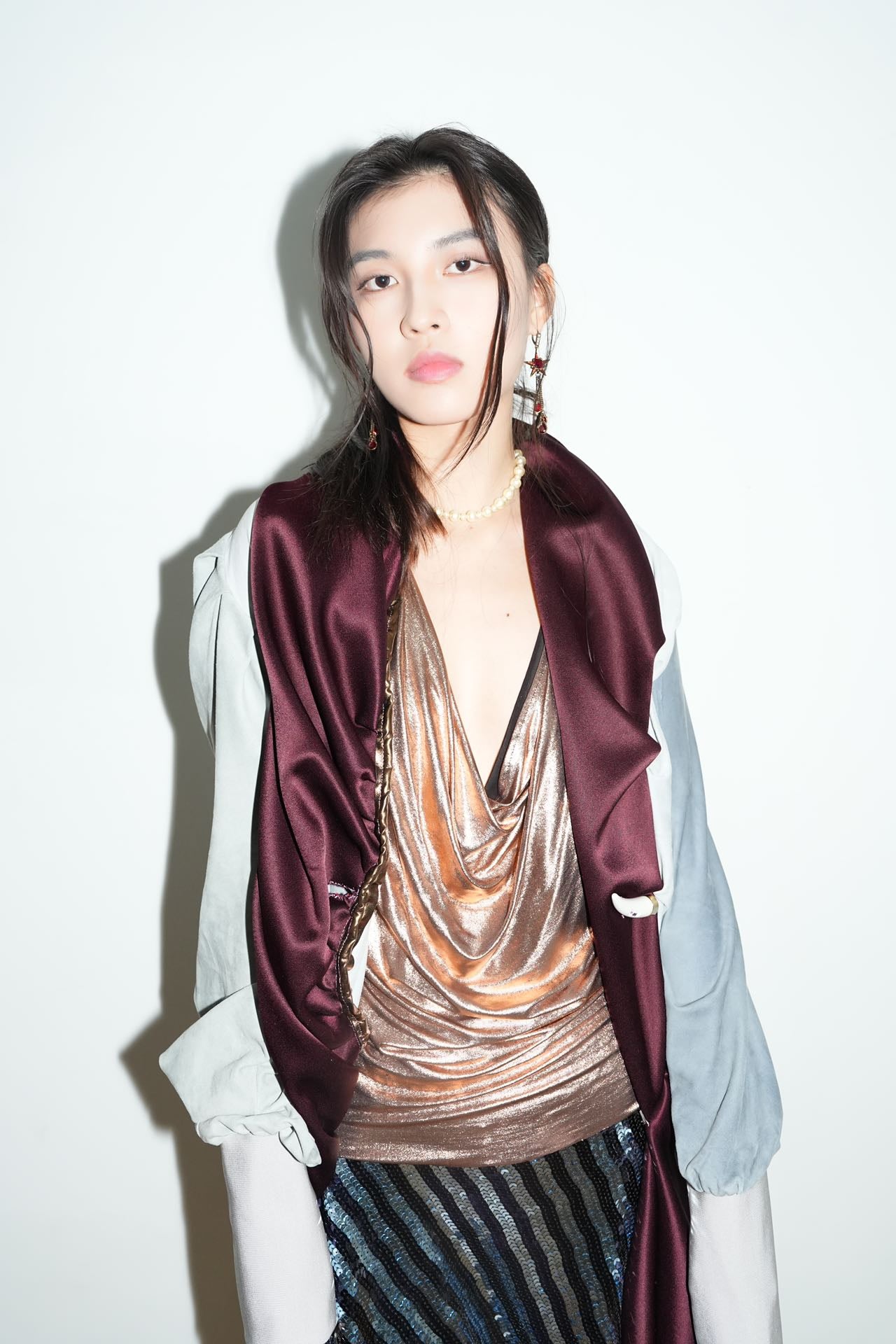 PE99Y YAN9 Draped Rose Gold Silk Jersey Top – METAL 金