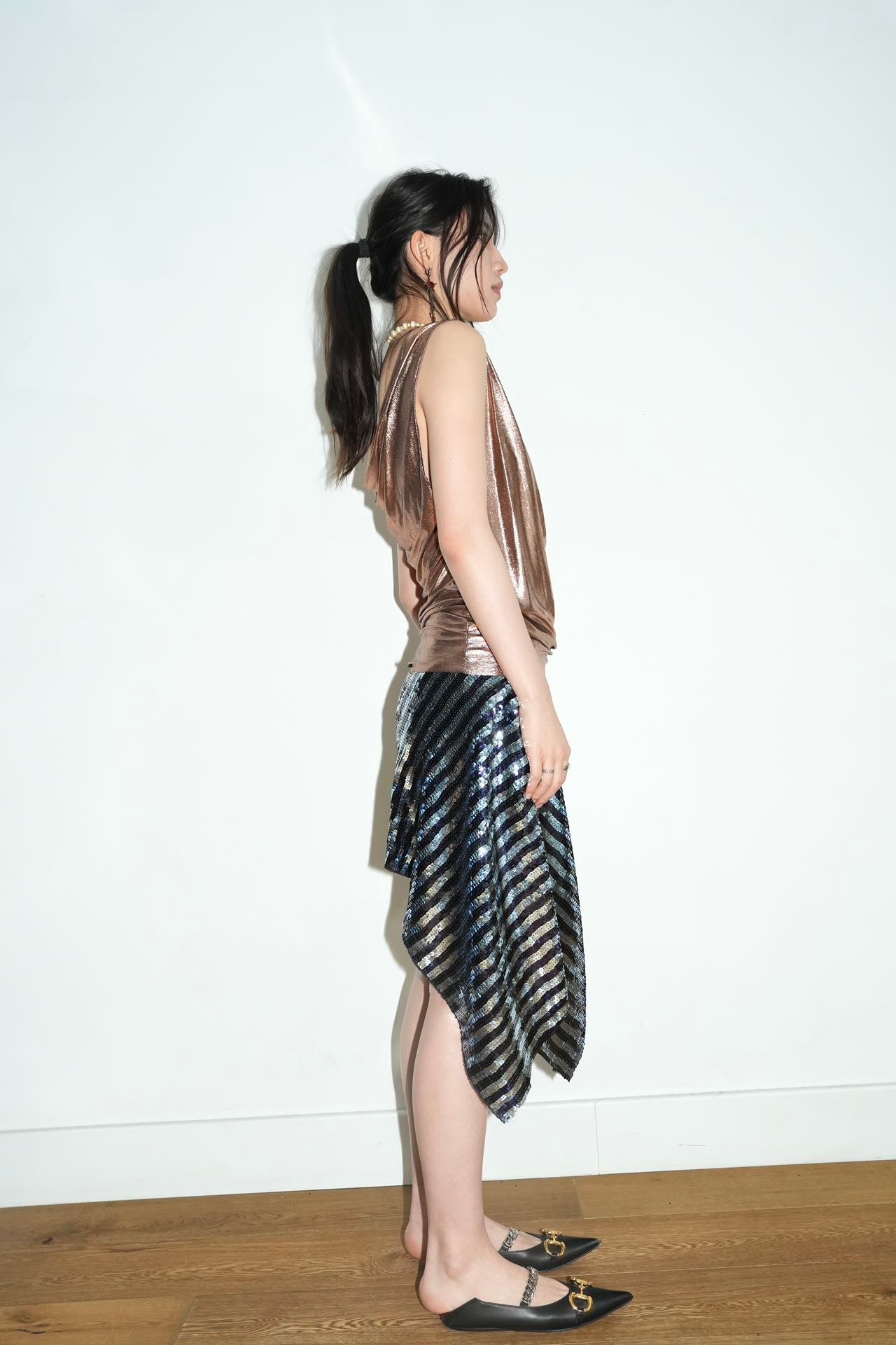 PE99Y YAN9 Draped Rose Gold Silk Jersey Top – METAL 金