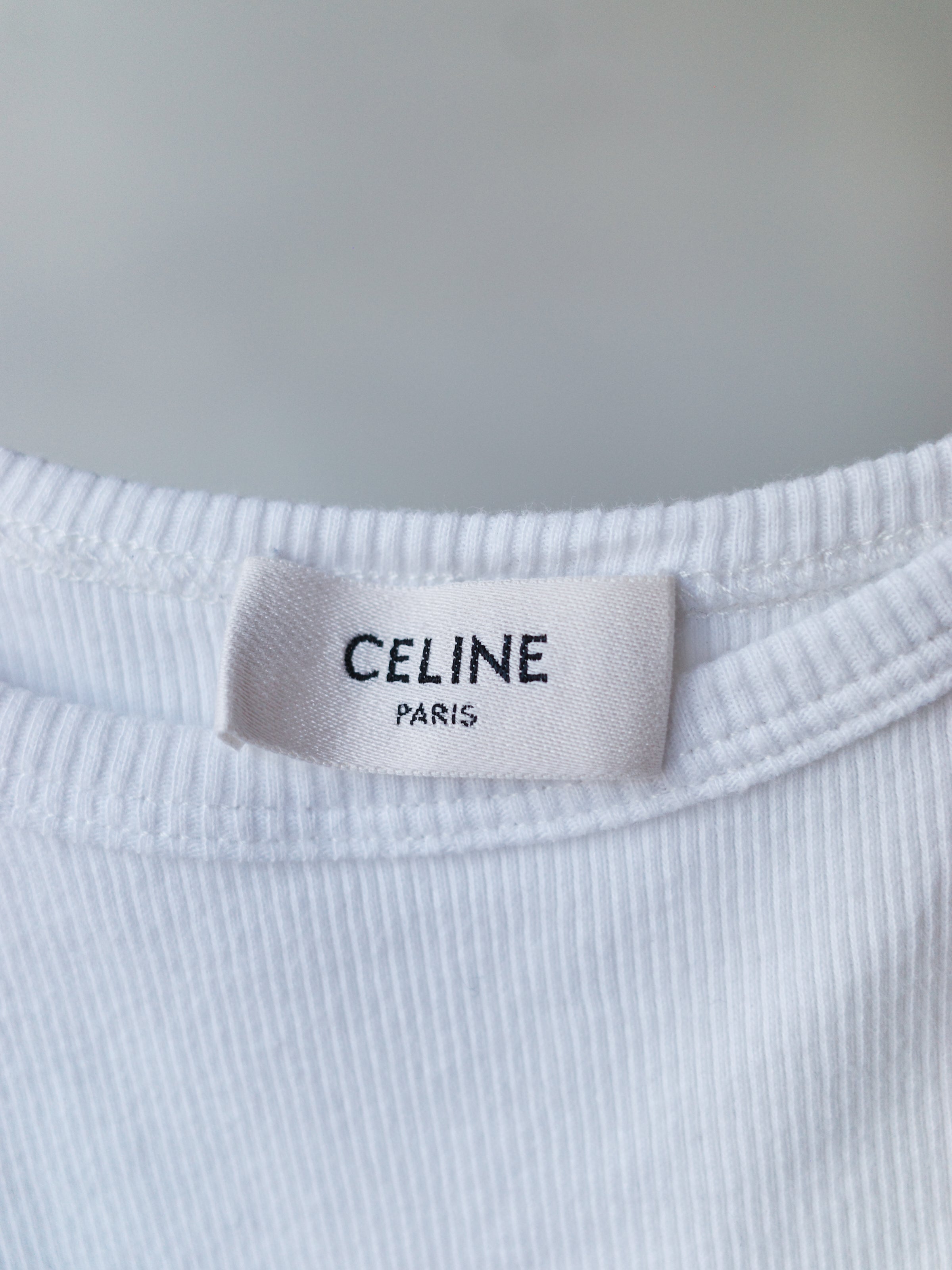CELINE Ribbed White Logo Tank Top with Triomphe Detail – METAL 金